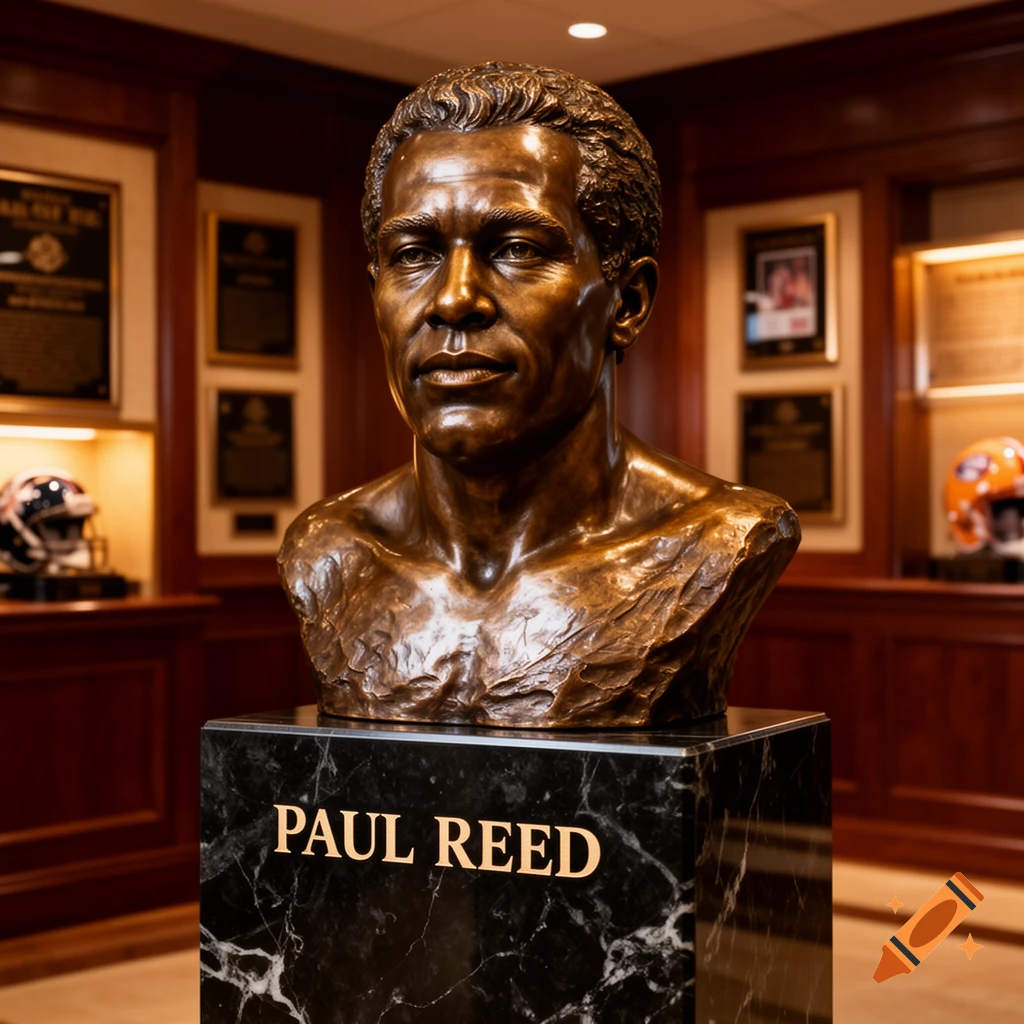 A photorealistic bronze bust of Paul Reed on a black marble pedestal, set in a hall of fame with plaques and helmets in the background.