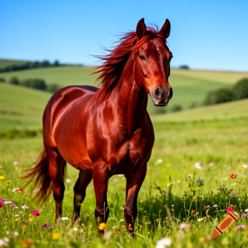A majestic brown horse with a flowing reddish-brown mane stands in a vibrant green meadow filled with colorful wildflowers under a clear blue sky.