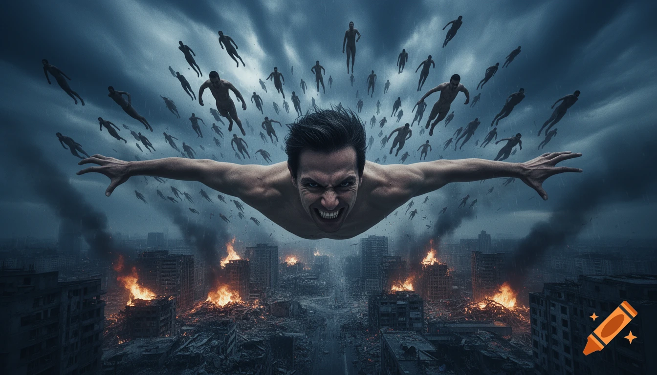 A shirtless man with an angry face and outstretched arms flies above a burning city under a stormy sky, surrounded by many falling nude figures.