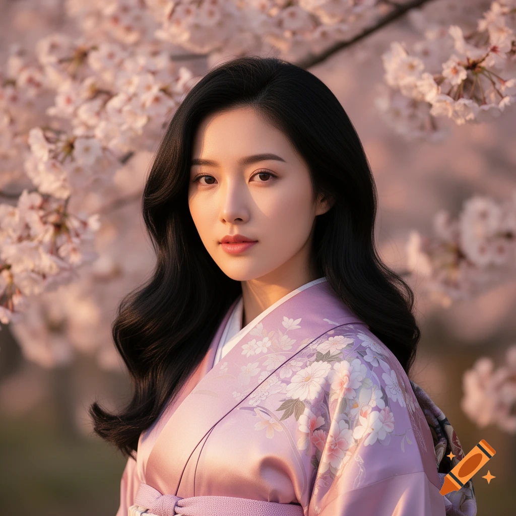 Close-up portrait of a beautiful East Asian woman with long dark hair, wearing a lavender kimono with floral patterns, amidst soft pink cherry blossoms.