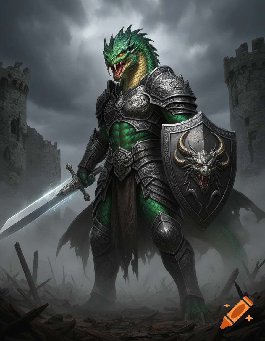 A reptilian warrior in ornate plate armor holds a glowing sword and dragon shield amidst ruined castle walls under a stormy sky.