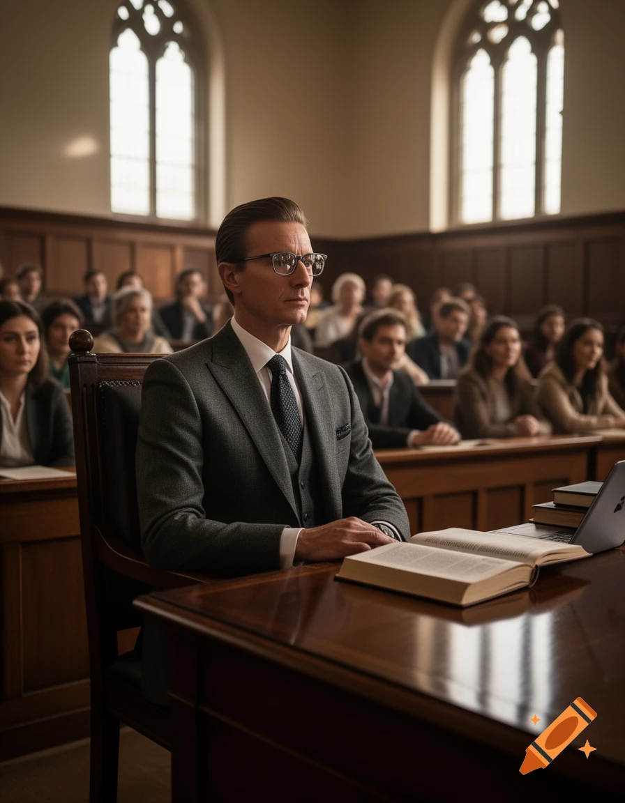 A man in a grey suit and glasses sits intently at a wooden desk with an open book in a classroom, with other students in the background.