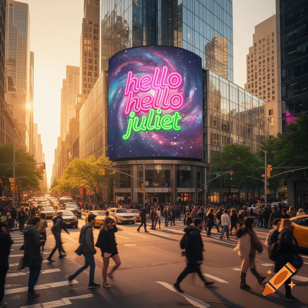 A busy city street at golden hour, filled with pedestrians and cars. A large billboard on a glass skyscraper displays 'hello hello juliet' with a galaxy background.