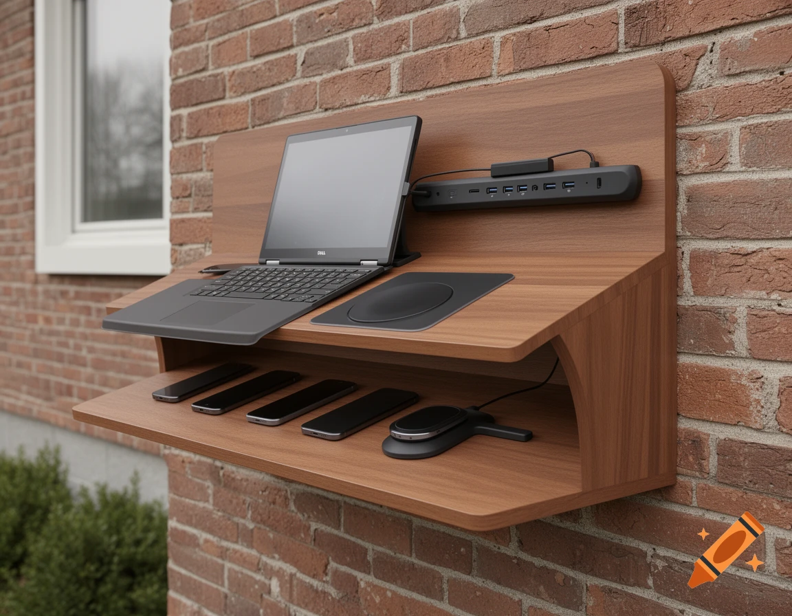 A wall-mounted wooden desk holding a laptop, a black docking station with ports, and several smartphones against a brick wall.