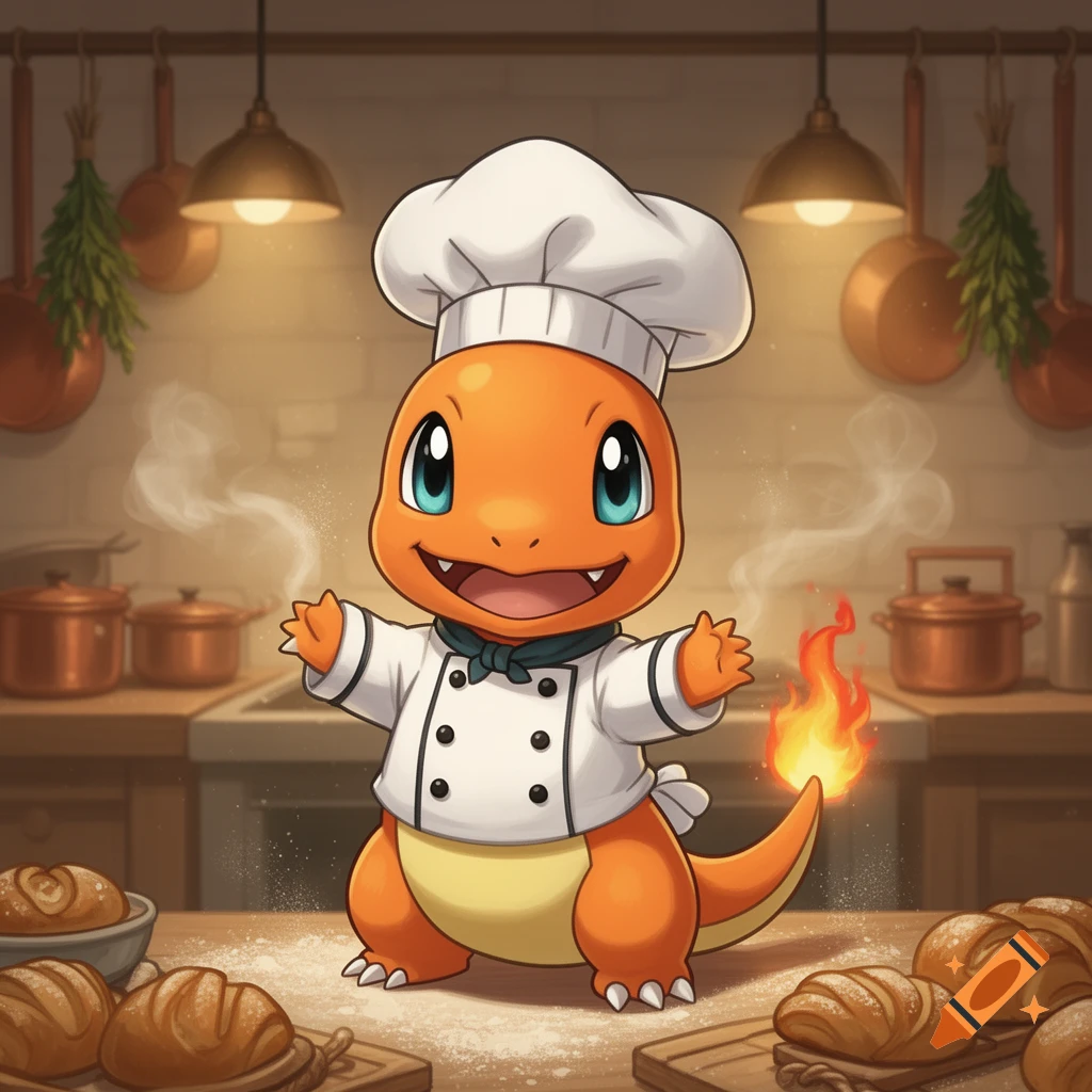 A cute Charmander wearing a chef's hat and coat stands on a flour-dusted kitchen counter with baked bread and steam rising.