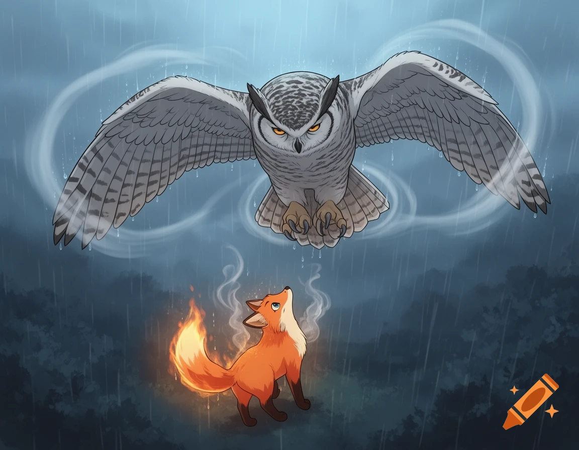 A stylized illustration of a large owl with outstretched wings flying over a small, fiery fox. It is raining and the fox looks up at the owl.