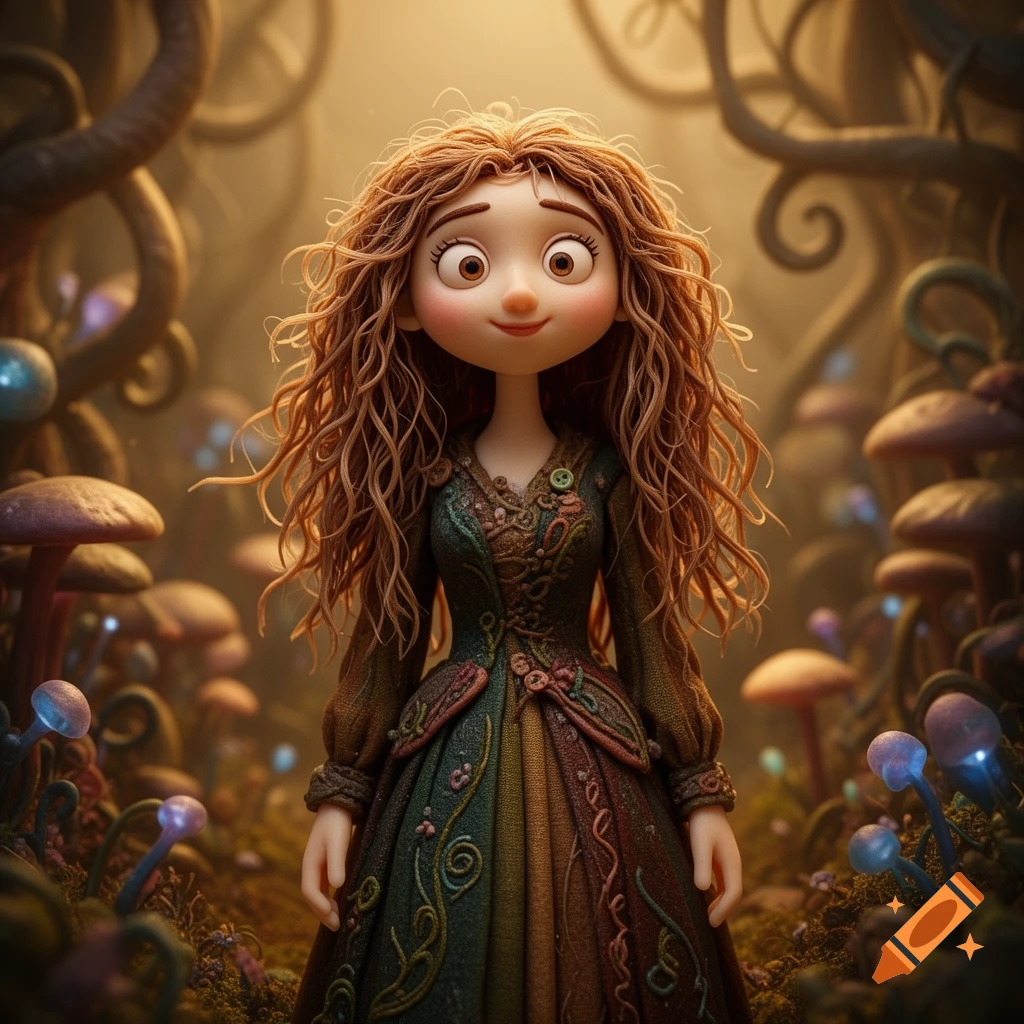 A whimsical, big-eyed, curly-haired character in a patterned dress stands in a magical forest with glowing mushrooms, in a stop-motion style.