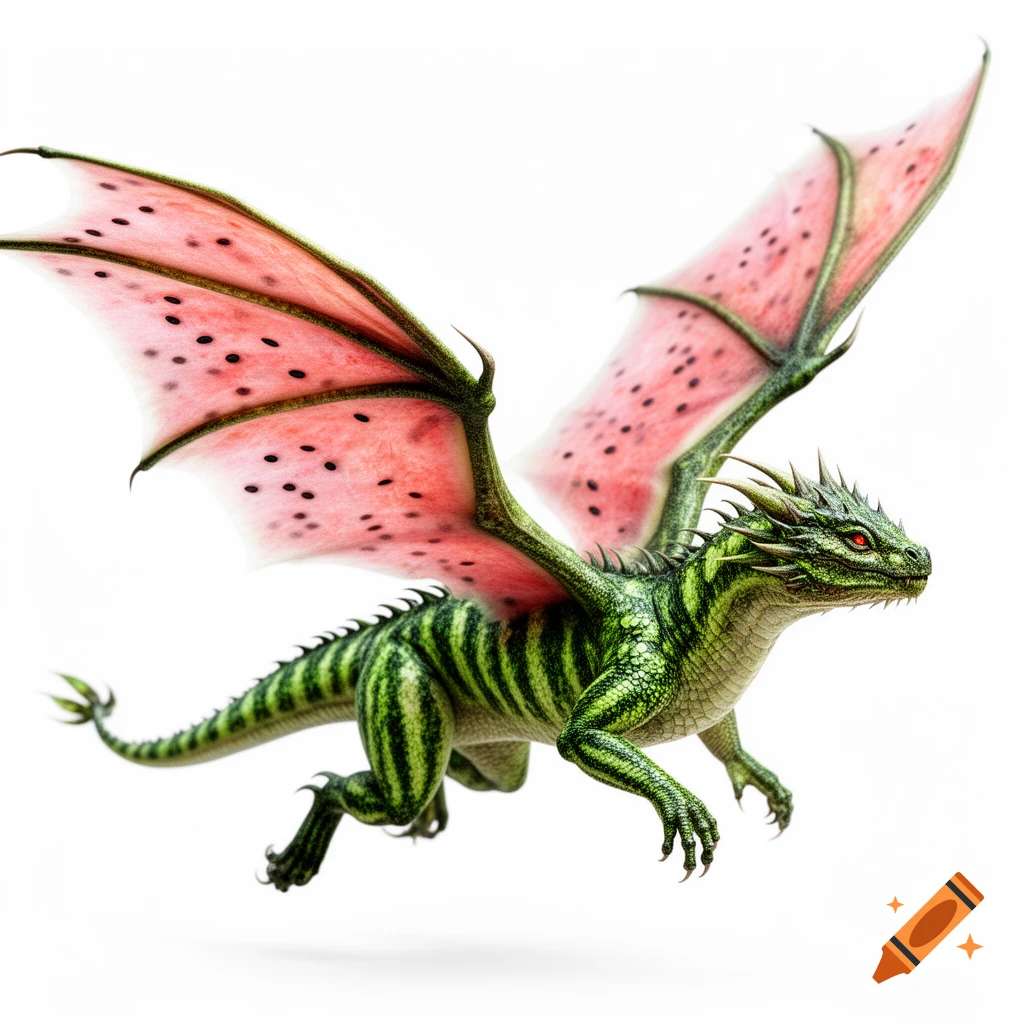 A green striped watermelon dragon with pink, seed-spotted wings flies against a white background.
