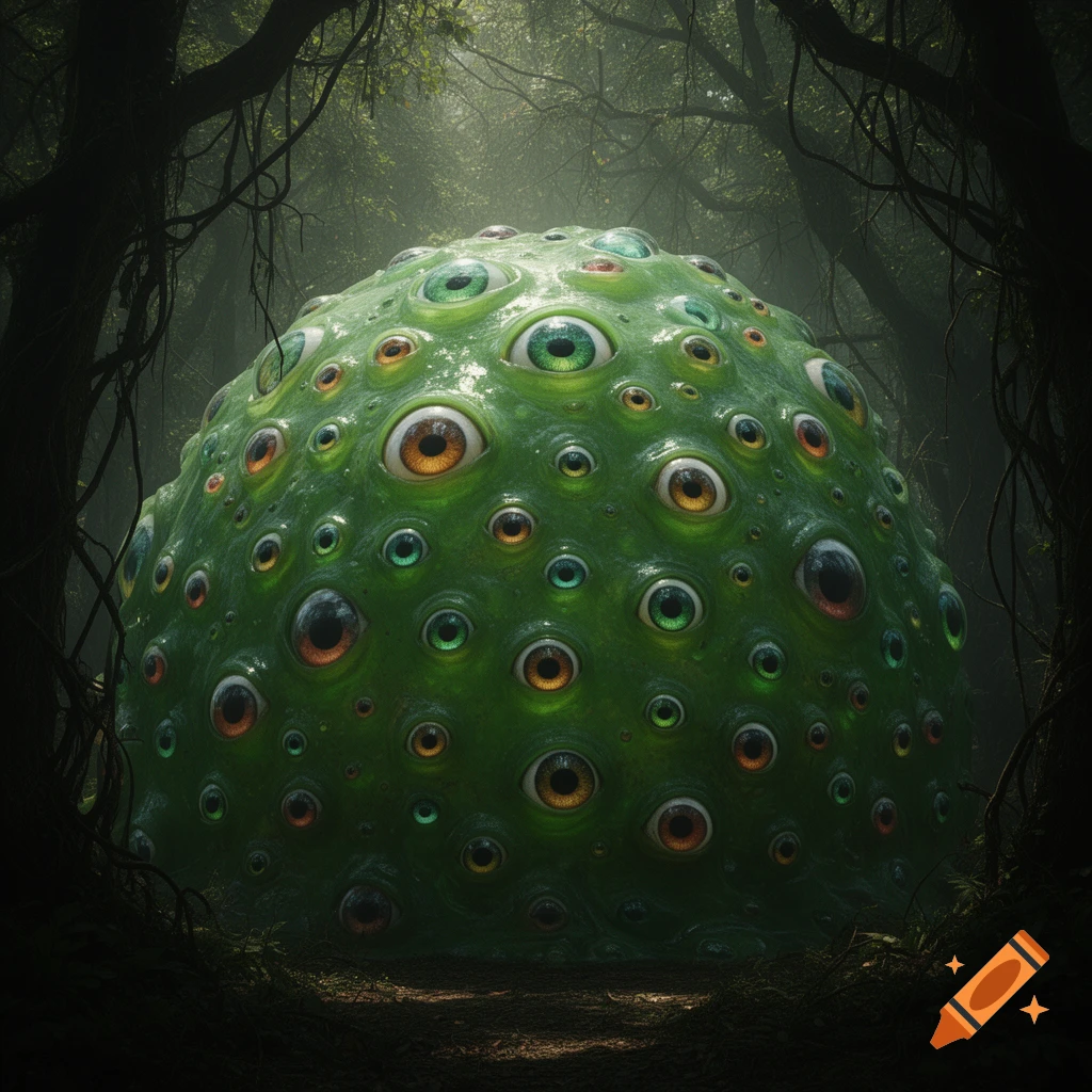 A giant green multi-eyed blob monster sits in a dark, mystical forest with glowing eyes.
