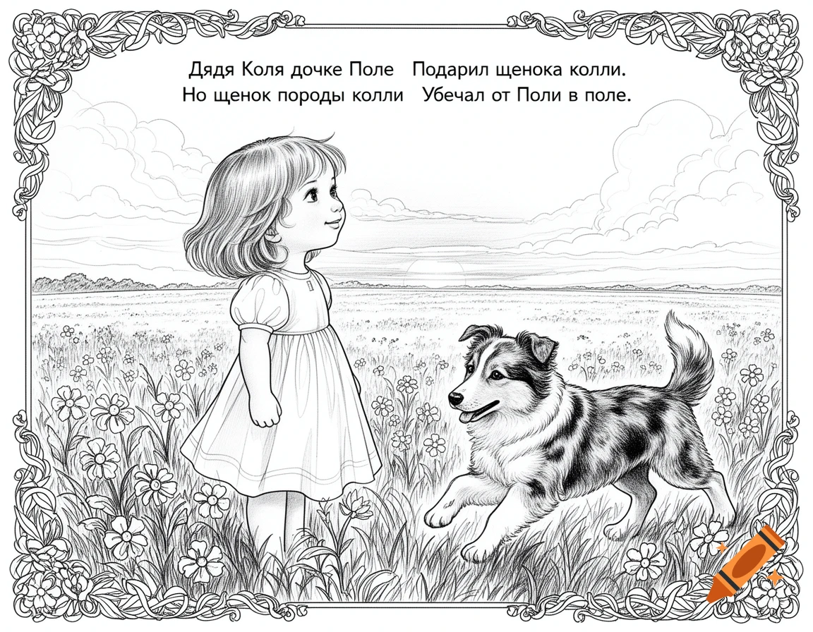 A coloring page depicting a girl and a Collie dog in a flower field, framed by a decorative border with Russian text.