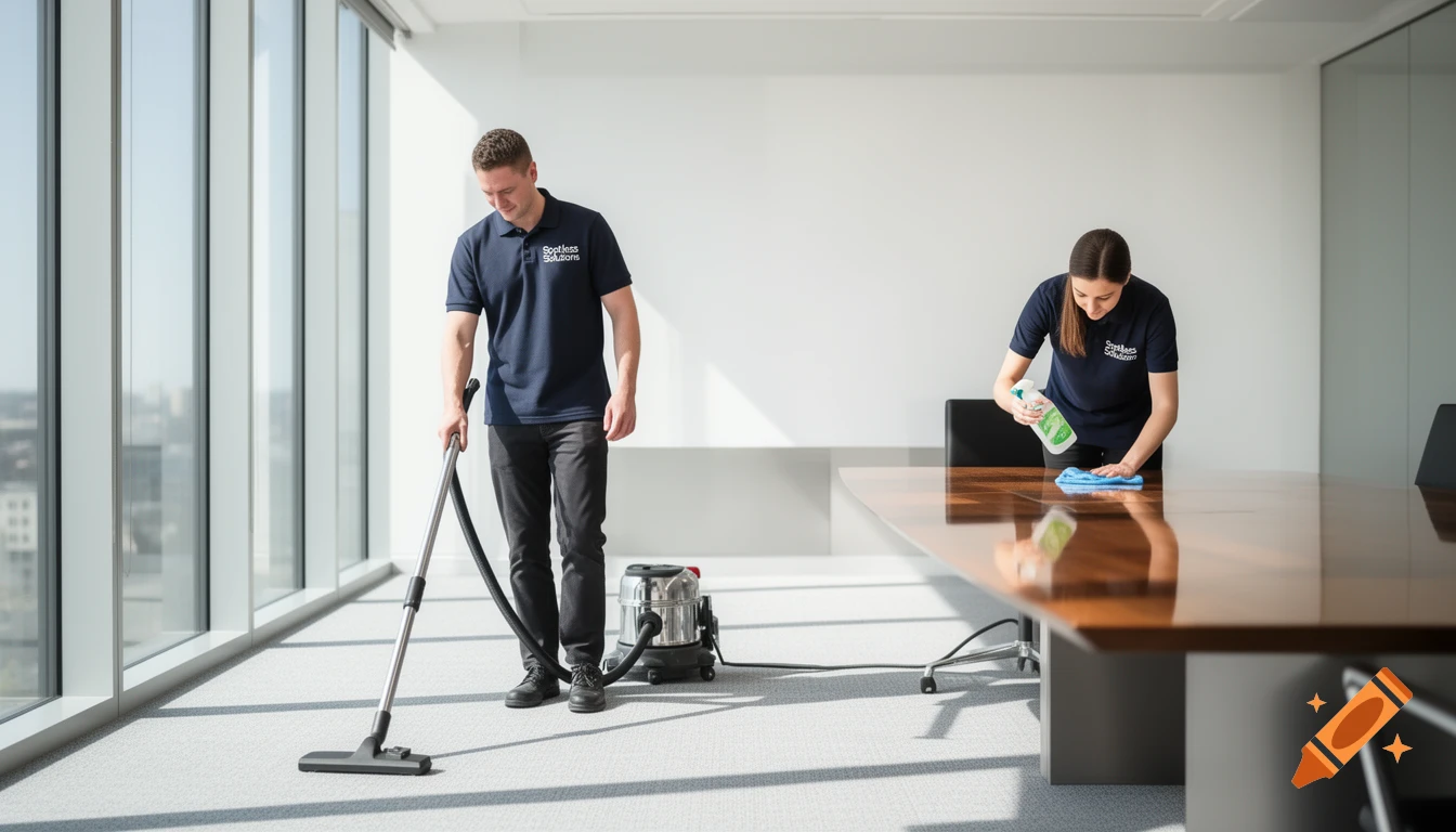 A man vacuums and a woman cleans a table in a bright, modern office with large windows, wearing cleaning company uniforms.