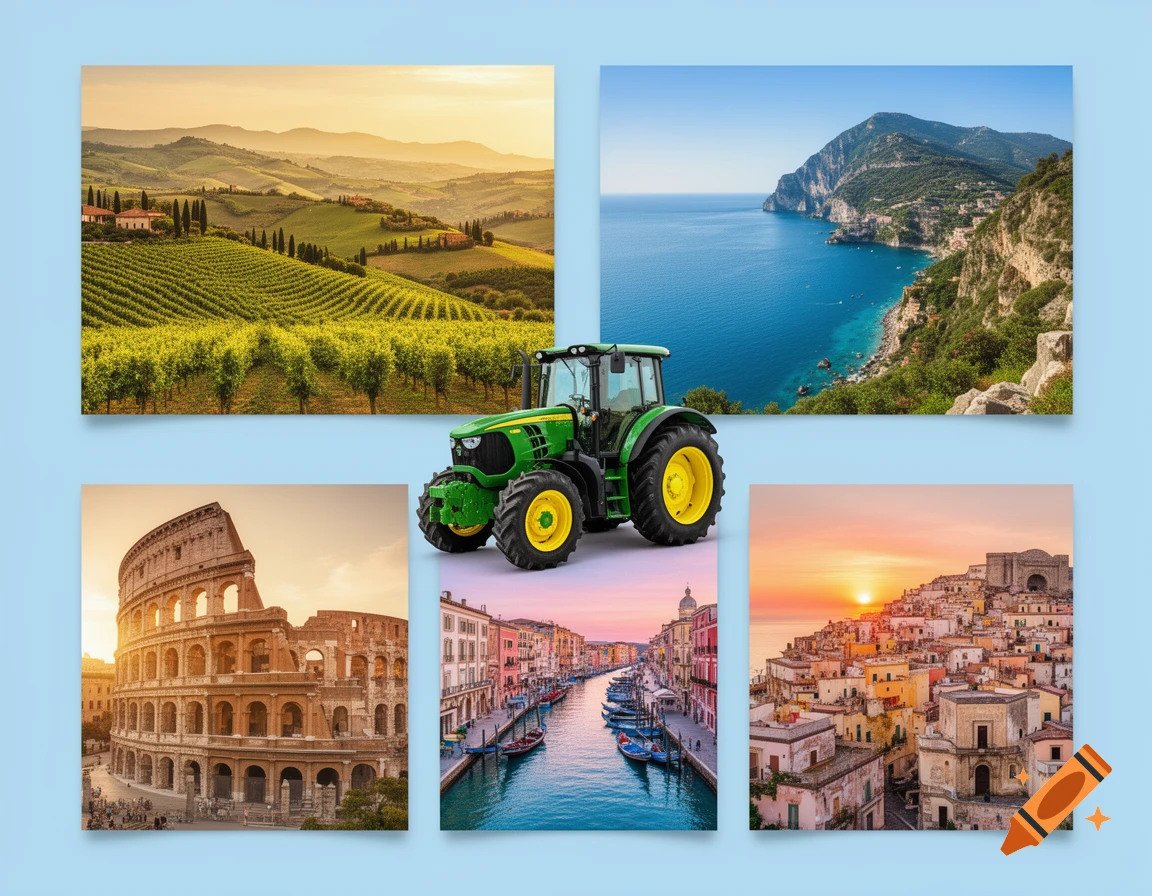 A collage featuring a green tractor surrounded by five scenic Italian vacation spots: Tuscan vineyards, a coastal town, the Colosseum, a Venice-like canal, and a hillside village.
