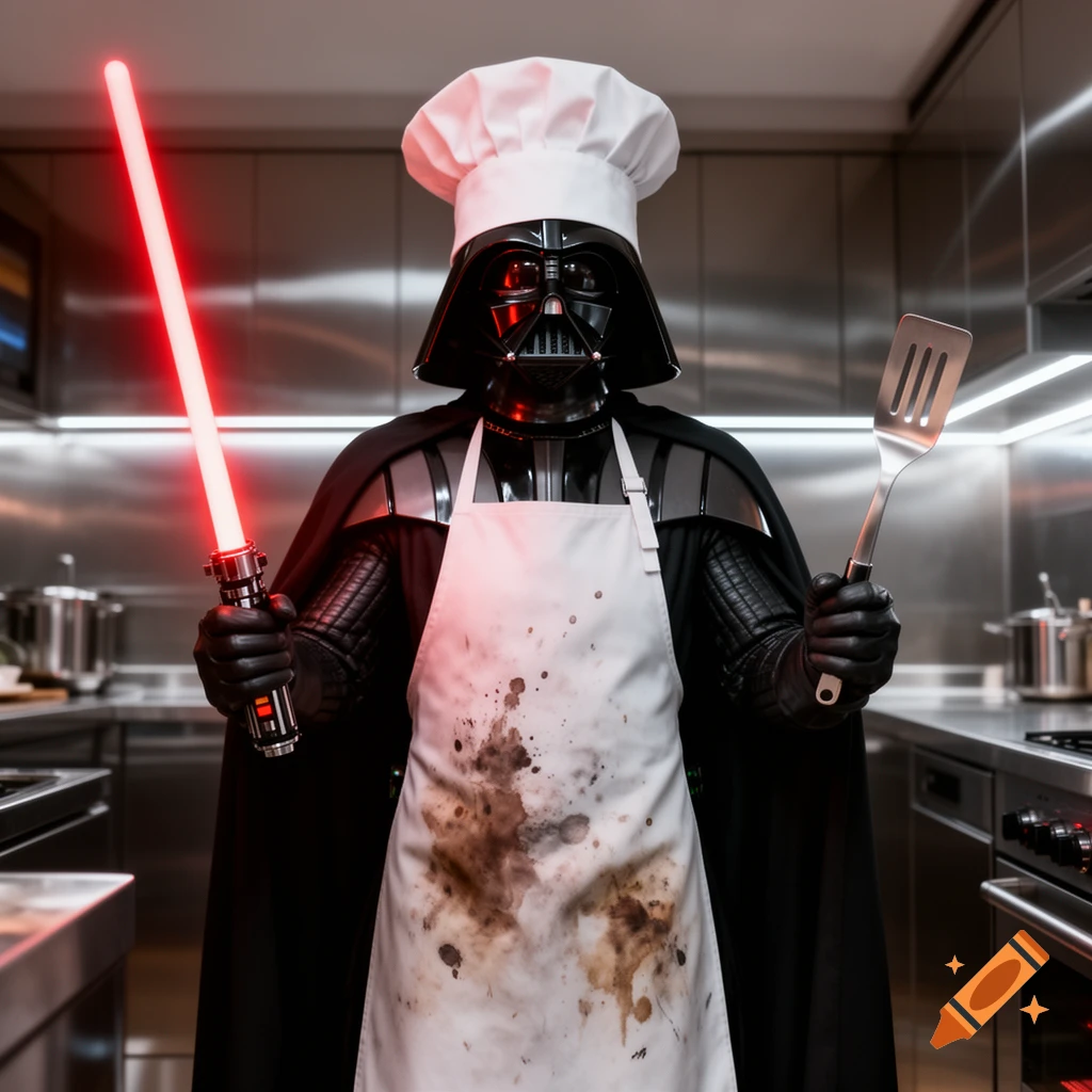 Photorealistic depiction of Darth Vader in a chef hat and a stained apron, holding a red lightsaber and a spatula in a modern kitchen.