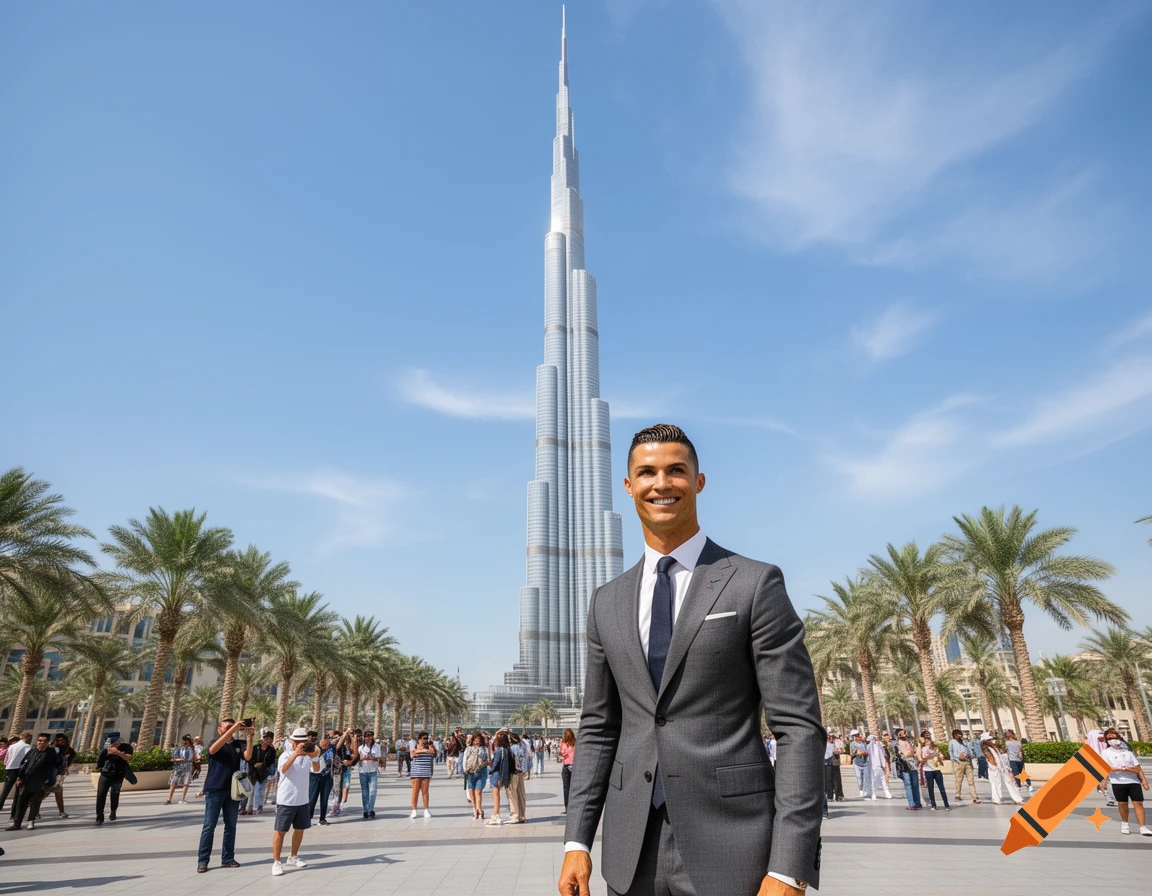 Cristiano Ronaldo smiles in a suit before the Burj Khalifa in Dubai, with palm trees and people.