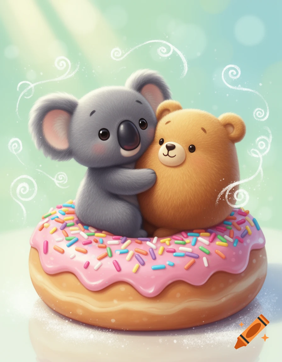 Cute cartoon koala hugging a bear, both sitting on a pink frosted donut with colorful sprinkles.