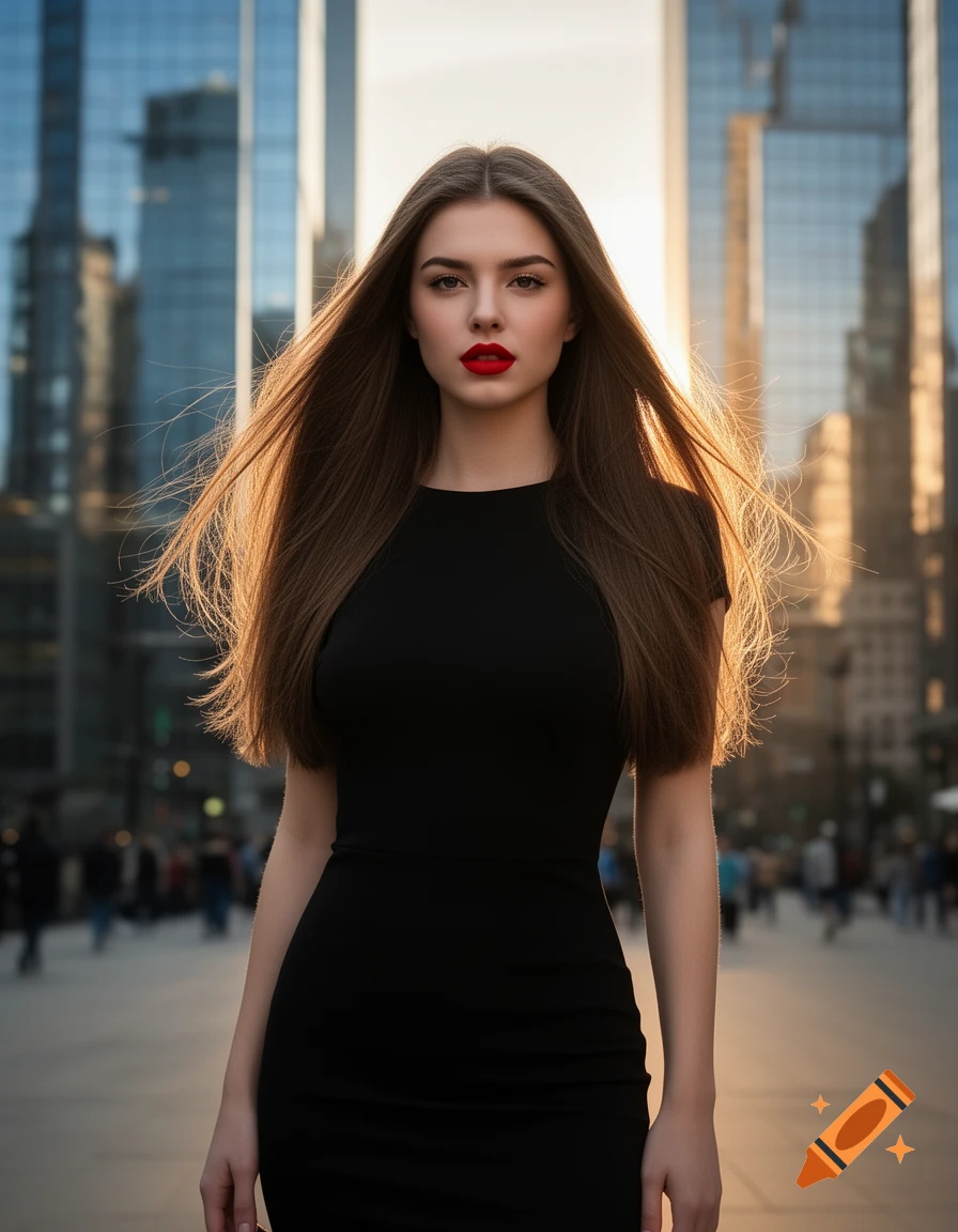 Photorealistic portrait of a woman in a black dress and red lipstick, standing on a city street with buildings at sunset.
