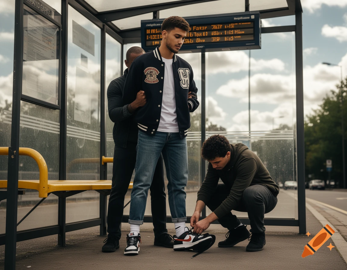 Three men at a bus stop, one standing in jeans and a college jacket, while another crouches to remove his Nike sneakers, and a third man stands behind him.