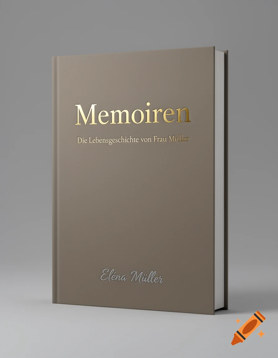Photorealistic image of a taupe-colored book cover with gold text 'Memoiren' and 'El essa M ler'. The subtitle 'Die Lebensgeschichte von Frau M ler' is also present.