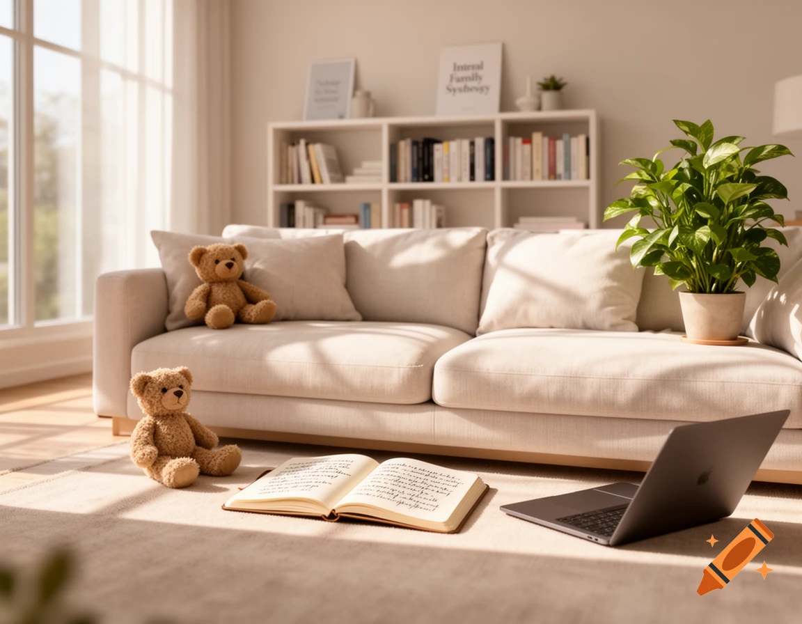 A bright and cozy living room with a cream sofa, two teddy bears, an open book, a laptop, and a lush houseplant.
