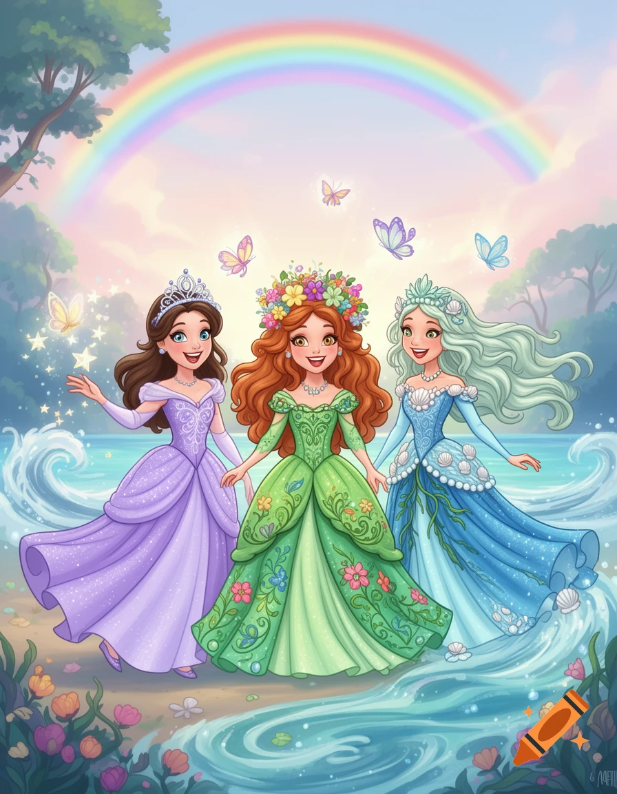 Three smiling cartoon princesses in colorful dresses stand by sparkling water with a rainbow overhead, surrounded by flowers and butterflies.