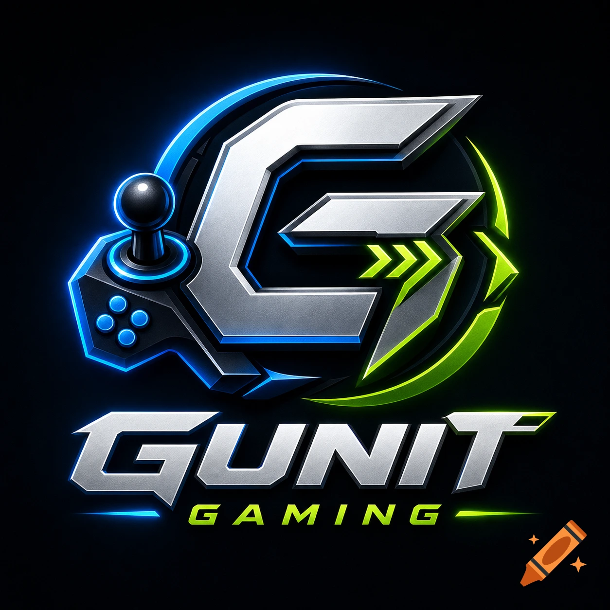 A sleek, metallic gaming logo featuring a stylized 'G' combined with a joystick, glowing blue and green neon accents, and the text 'GUNIT GAMING' below it.