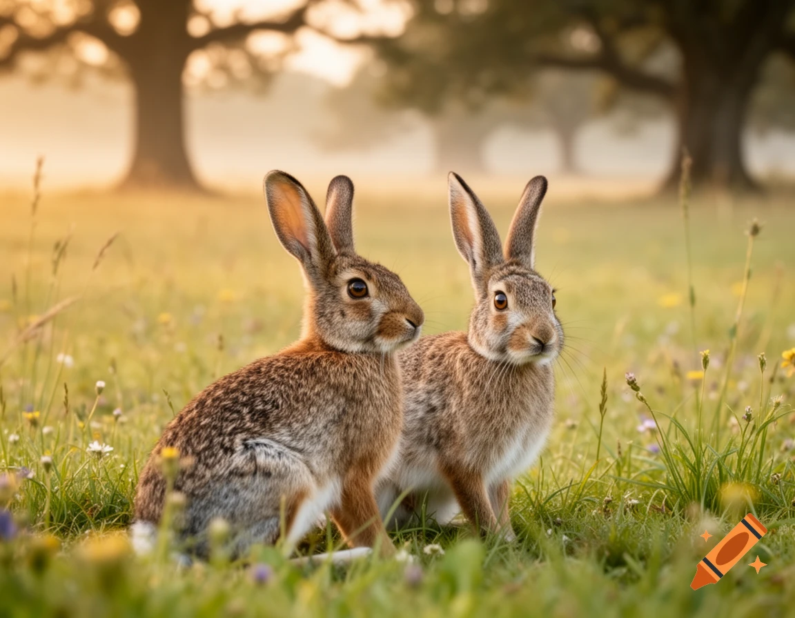 Two brown rabbits sit attentively in a sunlit grassy field with trees in the soft focus background.