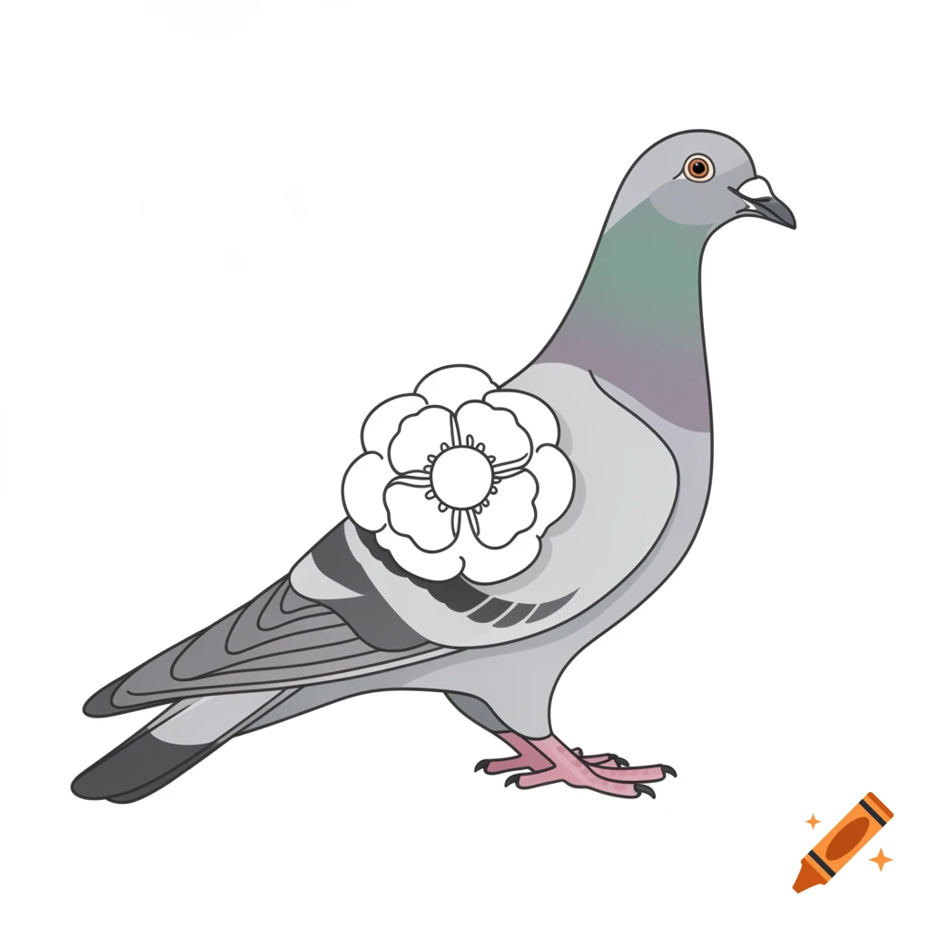 An illustration of a grey pigeon standing, with a white Yorkshire rose badge on its side.