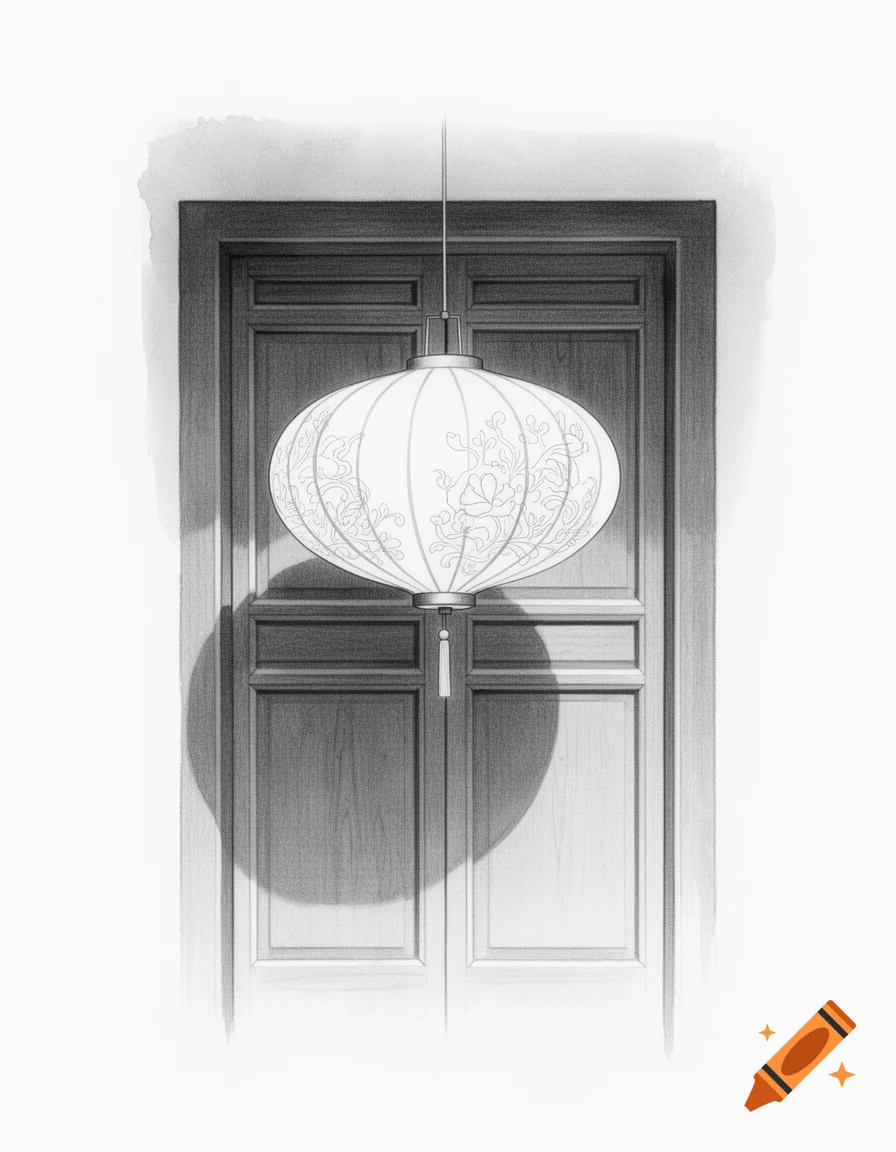 A black and white drawing of a white Chinese lantern with floral patterns hanging centrally in front of a wooden door.