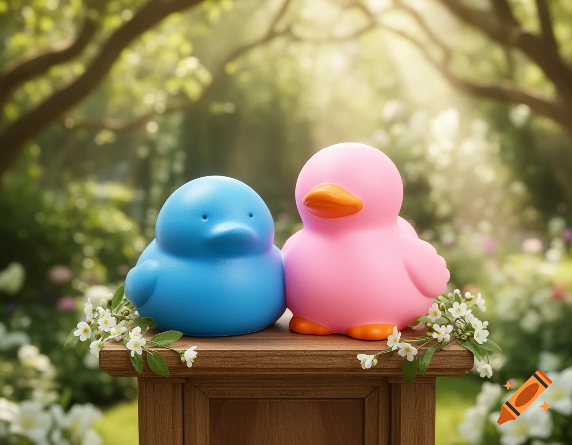 A blue and pink duck-like toy figure sit on a wooden stand in a sunny garden with white flowers.