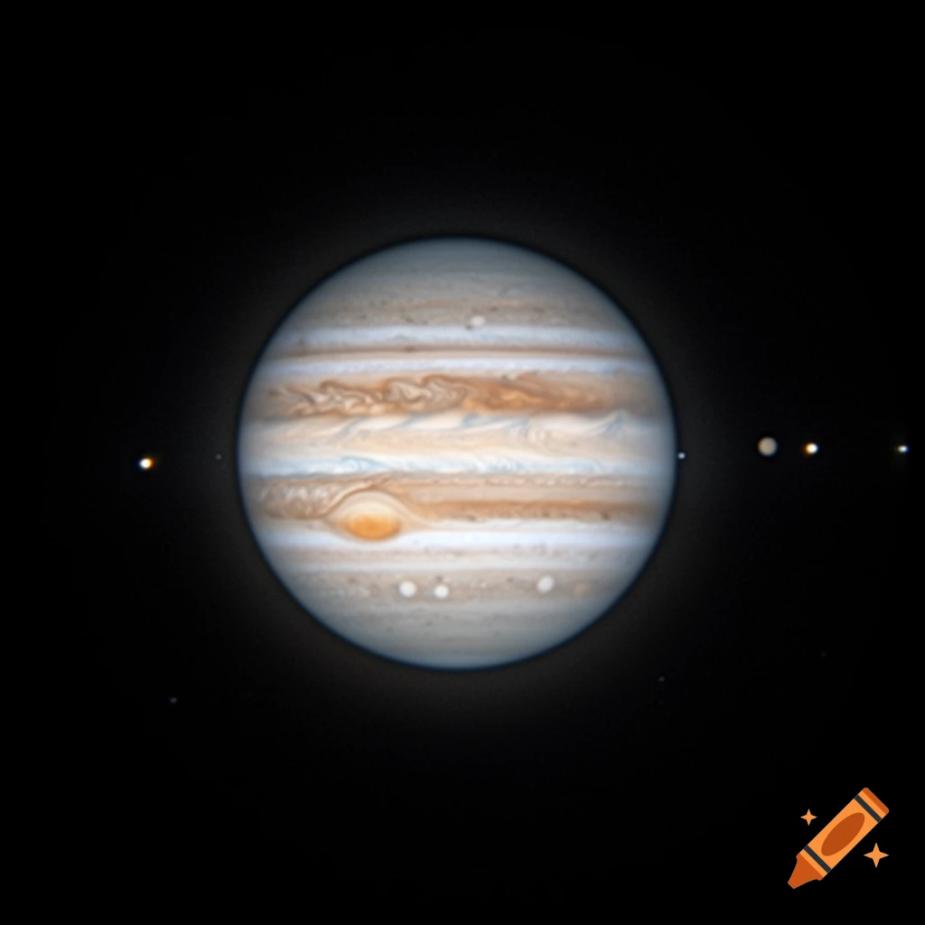 Jupiter with its distinct cloud bands and Great Red Spot, flanked by four bright Galilean moons in a dark sky.