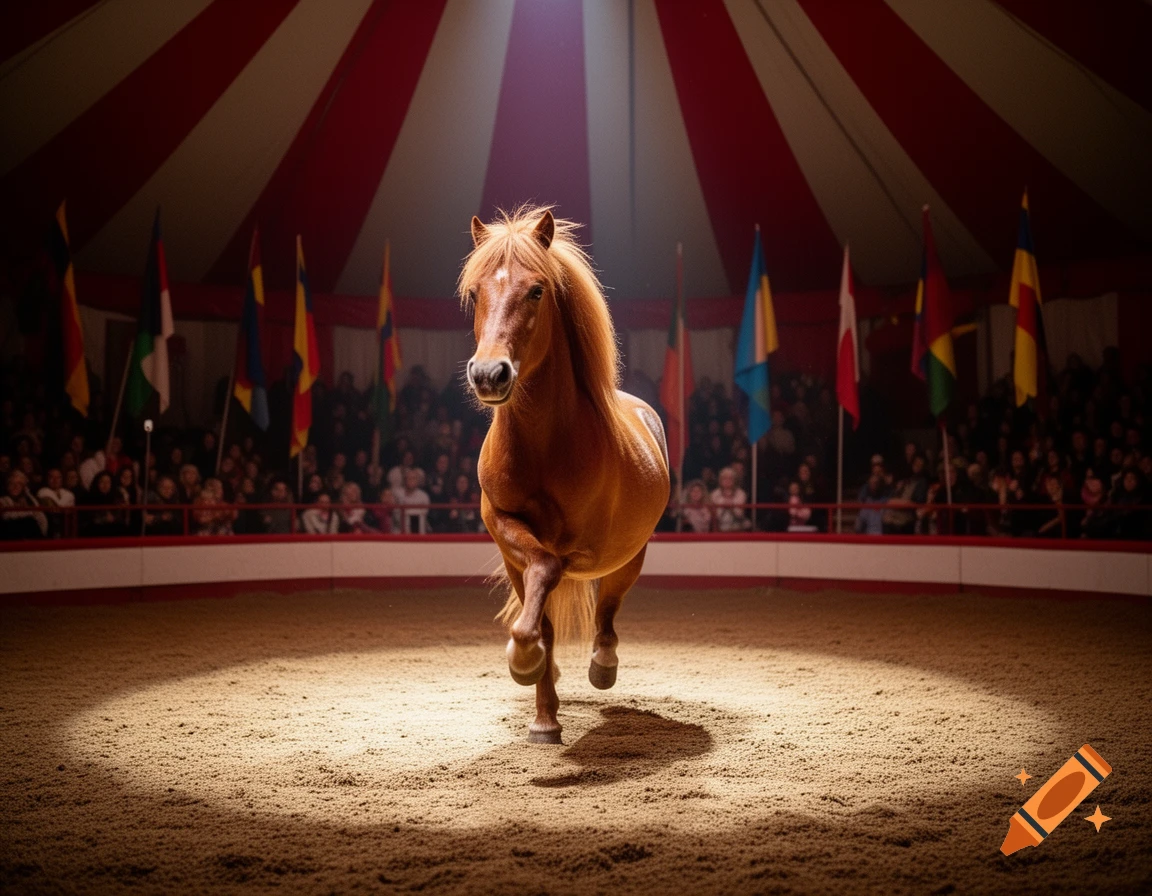 A majestic brown horse trots across a spotlighted dirt ring in a red and white striped circus tent, with a blurred audience and flags in the background.