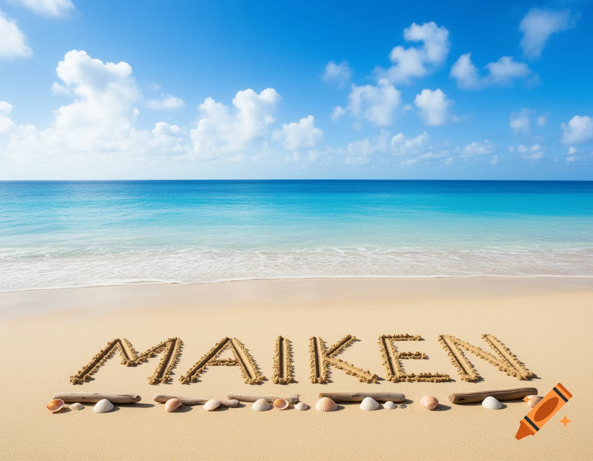 The name MAIKEN written in golden beach sand with seashells and driftwood, under a clear blue sky by the ocean.