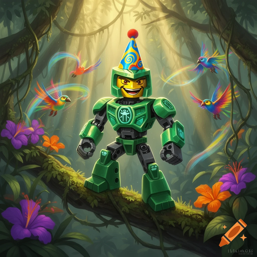 A smiling green Lego-style robot in a birthday hat stands on a jungle tree branch with vibrant flowers and colorful birds.