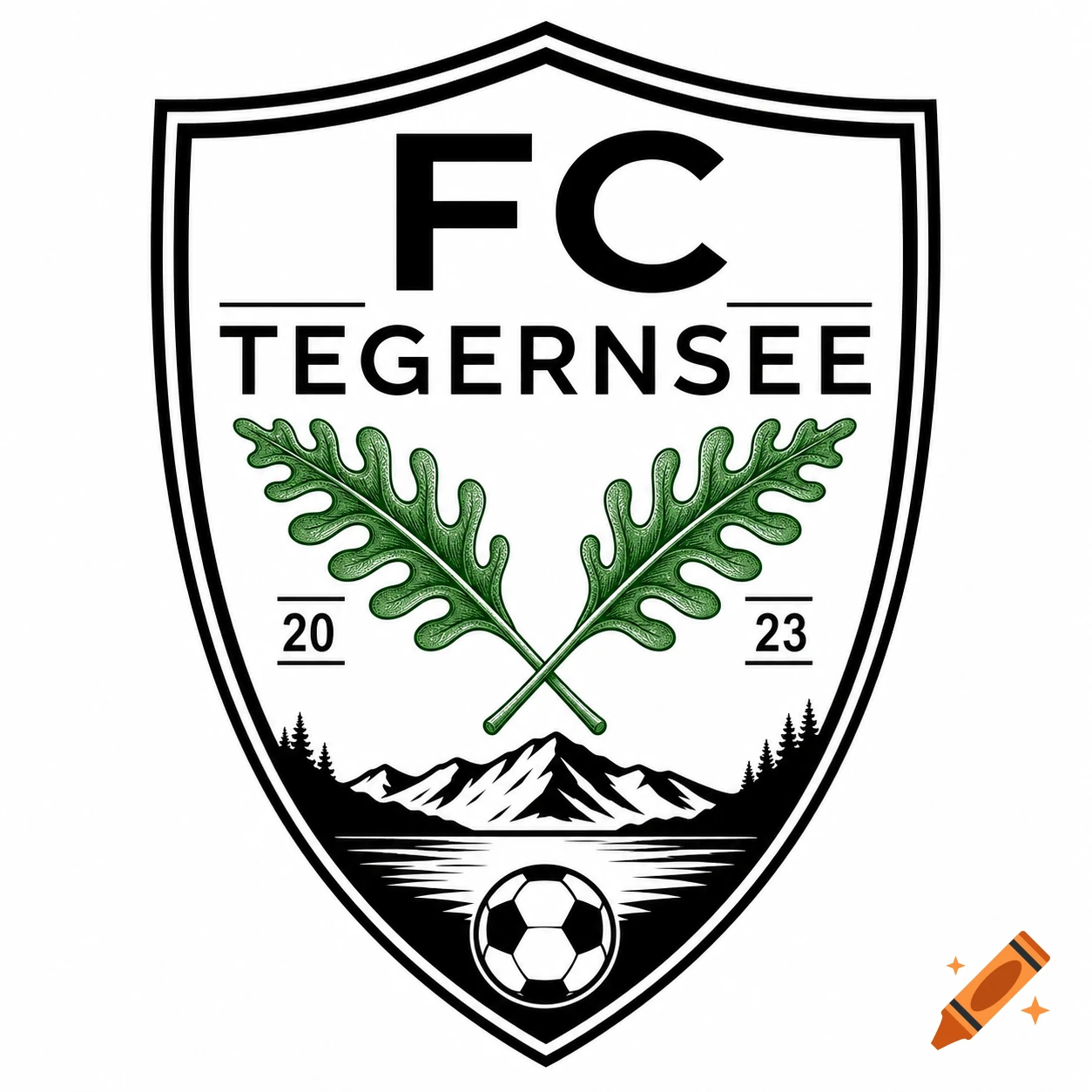 Shield-shaped black and white logo for FC Tegernsee, featuring mountains, water, a soccer ball, and crossed green leaves with the year 2023.