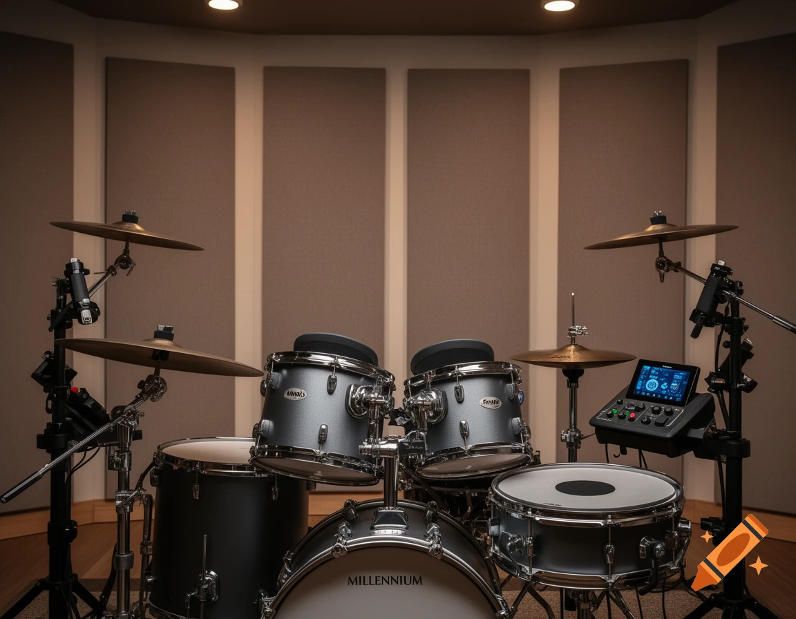 A dark gray drum set in a soundproofed studio with several cymbals, microphones, and an electronic module.