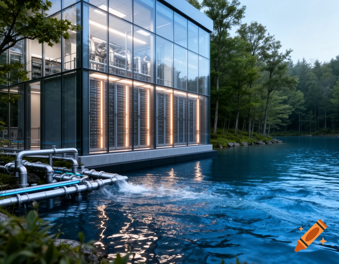 Photorealistic glass data center on a lake, with pipes expelling water into the lake against a forest backdrop.