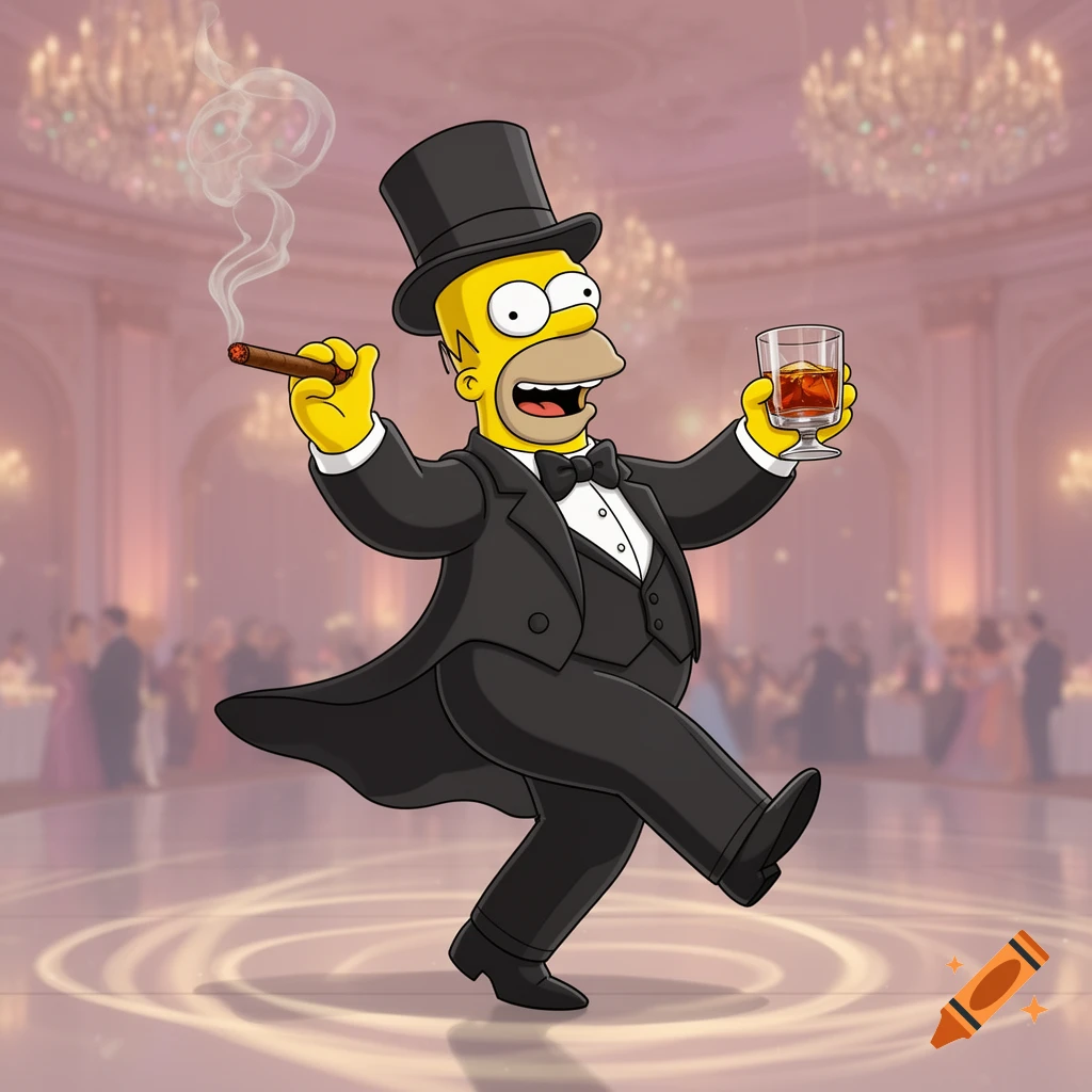 Homer Simpson in a tuxedo and top hat, dancing in an elegant ballroom while holding bourbon and smoking a cigar.