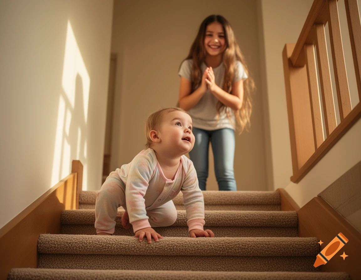 A photorealistic image of a toddler crawling up carpeted stairs while an older girl stands above, smiling and cheering.
