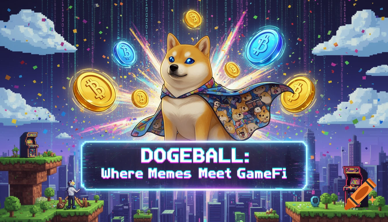 A super Doge meme dog in a cape with mini doge faces, surrounded by golden and blue Bitcoin coins. A pixel art cityscape background features binary code rain and confetti. A banner reads "DOGEBALL: Where Memes Meet GameFi".