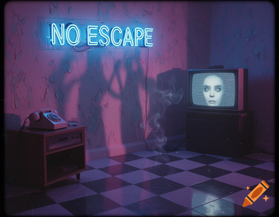 A dark, vaporwave horror room with a neon 'NO ESCAPE' sign, a rotary phone, and an old TV displaying a pale, ghostly face.