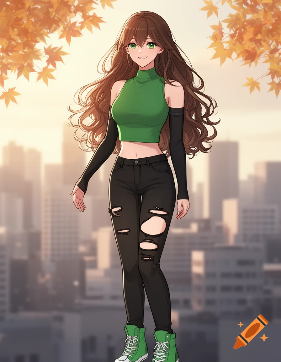 Manhwa style young woman with brown hair, green eyes, green crop top, ripped black jeans, green high tops, against a city and autumn leaves.