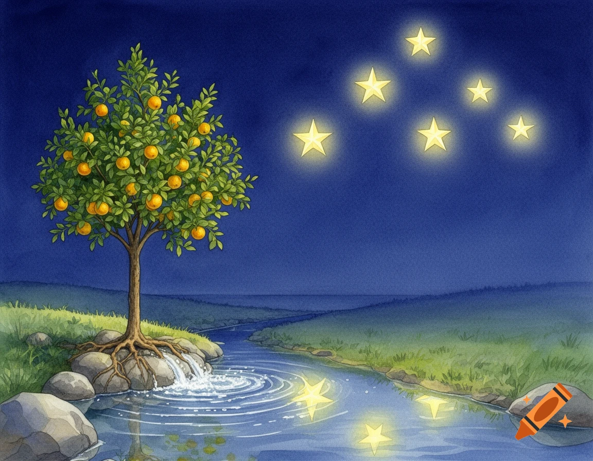 A watercolor painting of an orange tree by a river at night, with seven glowing stars reflected in the water.