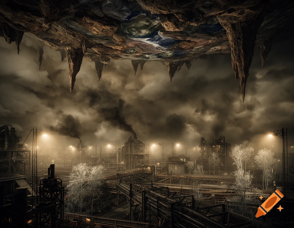 A dark, polluted industrial landscape with smoking factories and trees under an inverted, rocky Earth's crust as the sky.