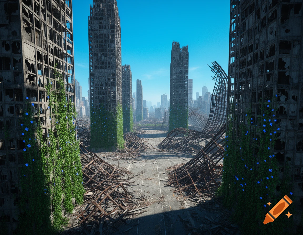 Photorealistic image of a ruined city with tall, broken skyscrapers overgrown with green vines and blue flowers under a clear blue sky.