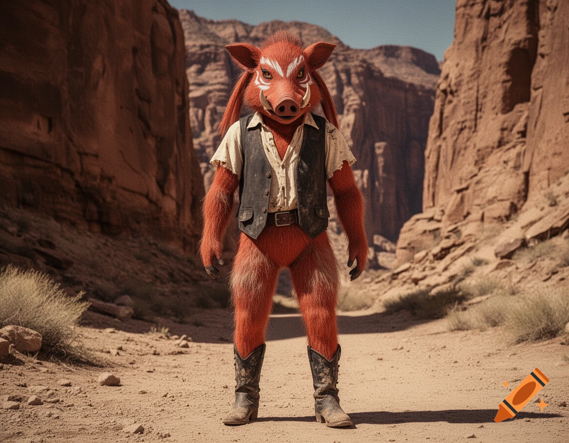 A realistic, furry red river hog animatronic character in a vest, shirt, and cowboy boots stands in a sun-baked desert canyon.
