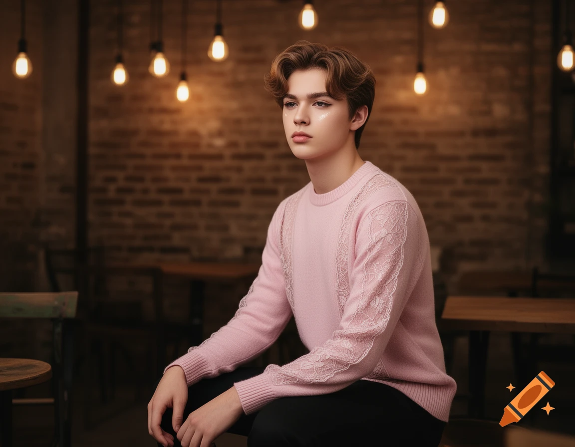 A young person with styled brown hair sits in a cozy, dimly lit cafe, wearing a pink sweater with lace sleeves.