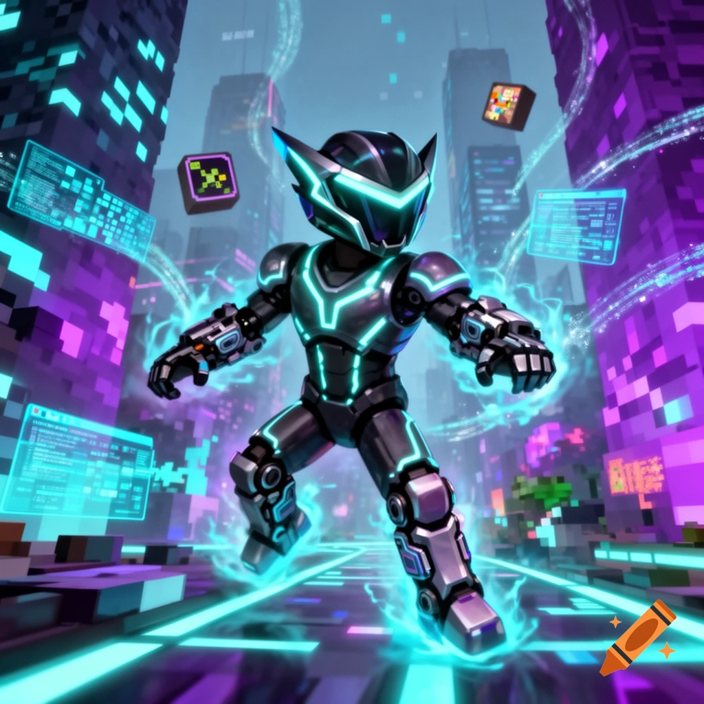 A stylized robot character with glowing teal accents stands in a vibrant, pixelated cyberpunk city with floating holographic screens.