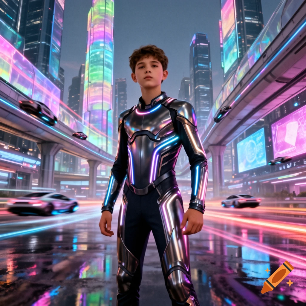 A young boy in a metallic, neon-accented futuristic suit stands in the middle of a vibrant, neon-lit city street with flying cars.