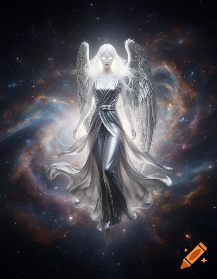 An ethereal, luminous angelic figure with white hair and glowing eyes, wearing flowing silver robes and large feathered wings, floats in a cosmic nebula.