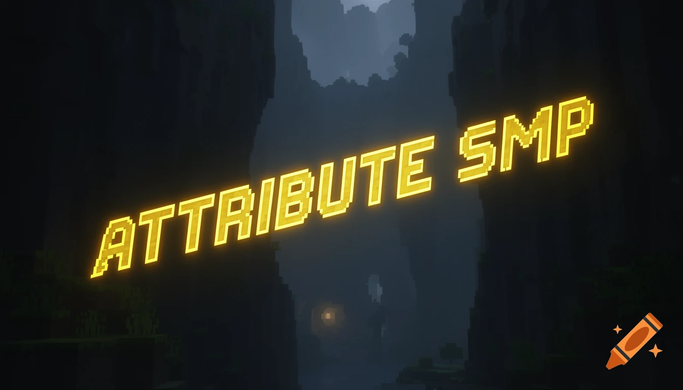 Yellow pixelated text 'ATTRIBUTE SMP' floats diagonally in a dark, blocky Minecraft-style cave environment.